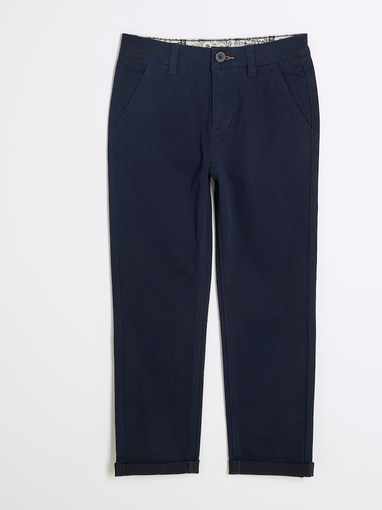 River Island Blue Boys 100% Cotton Chinos Trousers - Image 1 of 3 River Island Blue Boys 100% Cotton Chinos Trousers - Image 1 of 3