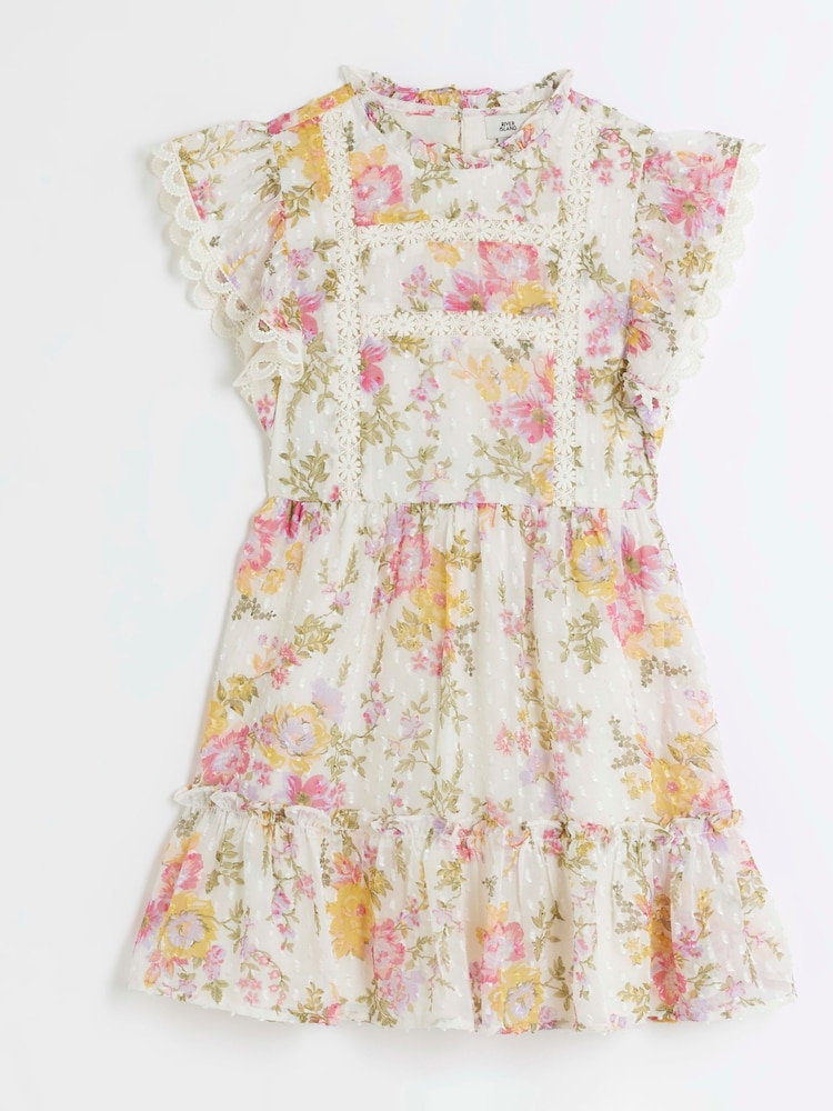 River Island Pink Light Mini Girls Floral Chiffon Dress - Image 1 of 3 River Island Pink Light Mini Girls Floral Chiffon Dress - Image 1 of 3