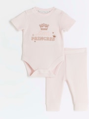 River Island Pink Baby Girls 100% Cotton Romper and Joggers Set - Image 1 of 4