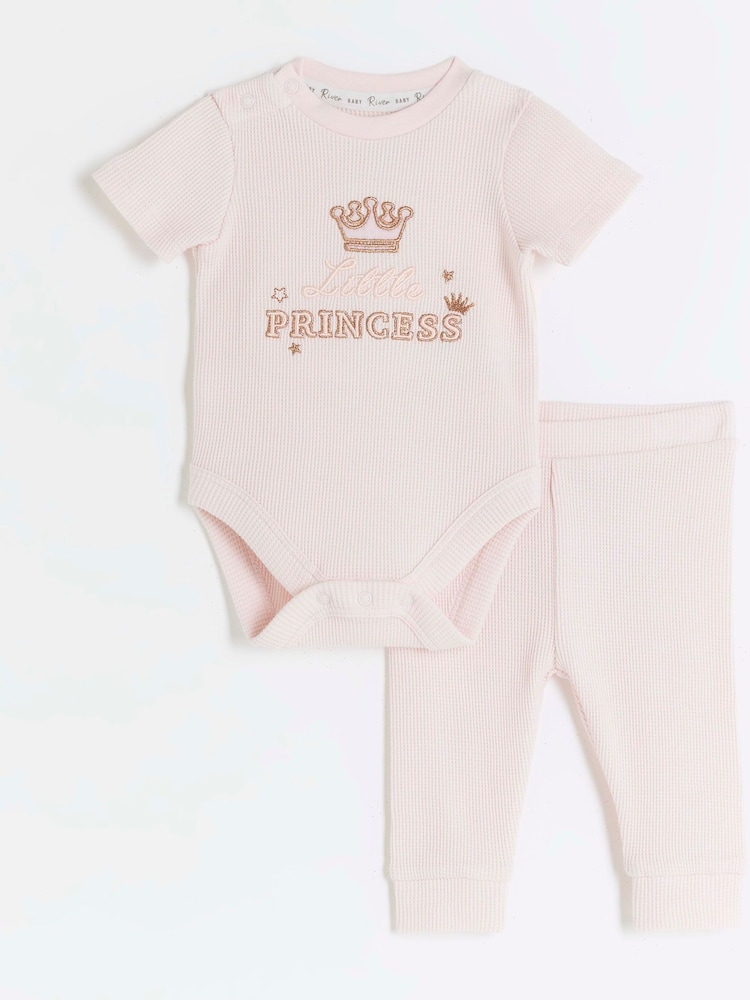 River Island Pink Baby Girls 100% Cotton Romper and Joggers Set - Image 1 of 4 River Island Pink Baby Girls 100% Cotton Romper and Joggers Set - Image 1 of 4