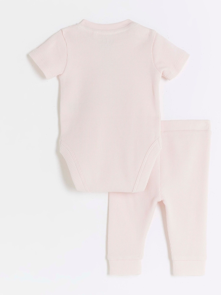 River Island Pink Baby Girls 100% Cotton Romper and Joggers Set - Image 2 of 4 River Island Pink Baby Girls 100% Cotton Romper and Joggers Set - Image 2 of 4