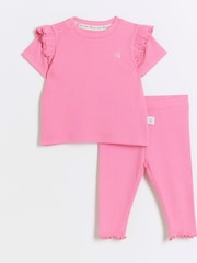 River Island Pink Baby Girls Rib 100% Cotton Leggings Set - Image 1 of 4