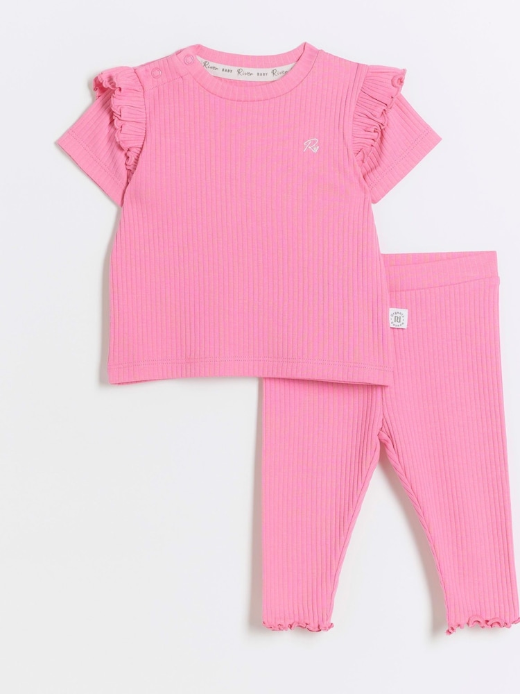 River Island Pink Baby Girls Rib 100% Cotton Leggings Set - Image 1 of 4 River Island Pink Baby Girls Rib 100% Cotton Leggings Set - Image 1 of 4
