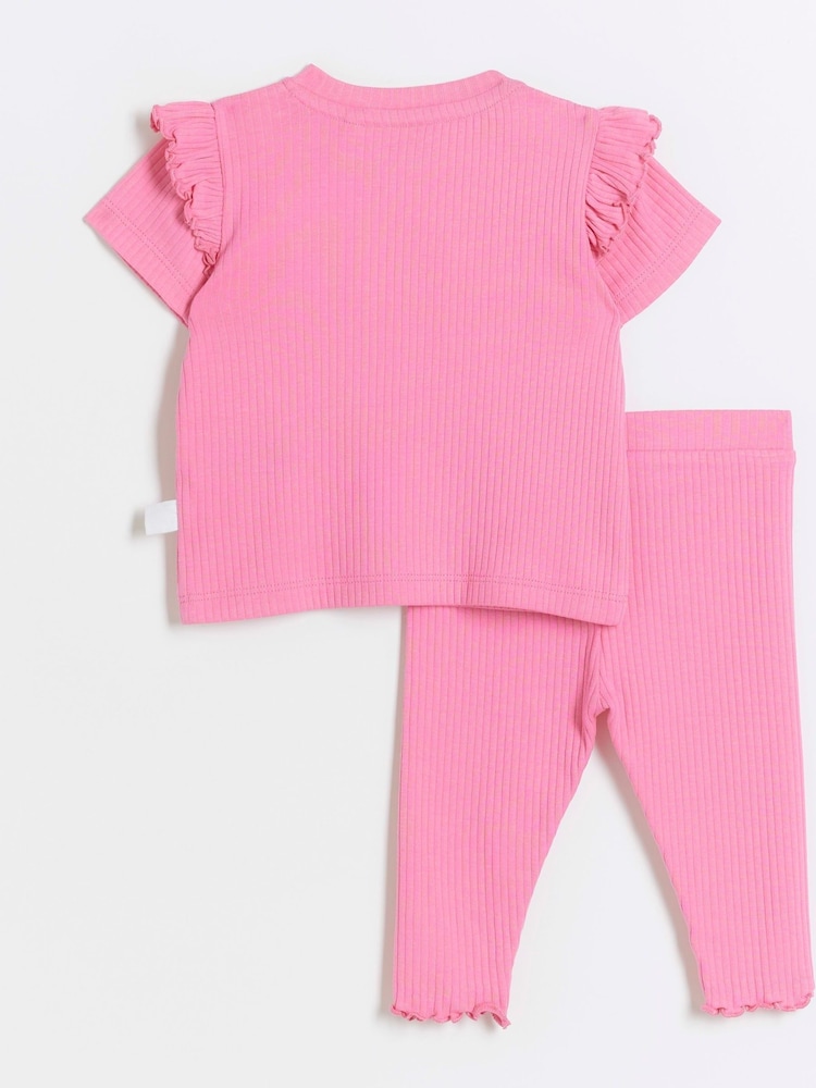 River Island Pink Baby Girls Rib 100% Cotton Leggings Set - Image 2 of 4 River Island Pink Baby Girls Rib 100% Cotton Leggings Set - Image 2 of 4