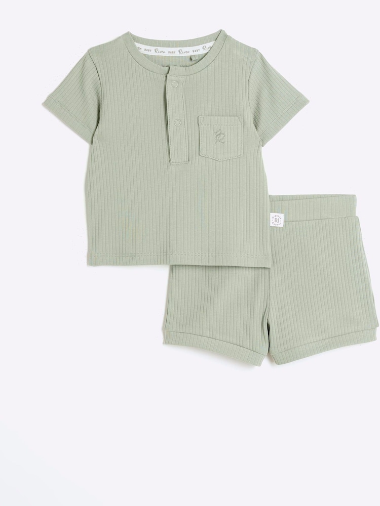 River Island Green Rib Baby Boys 100% Cotton T-Shirt and Shorts Set - Image 1 of 5