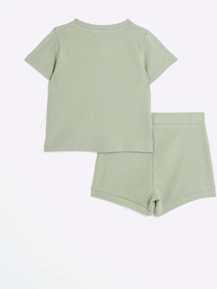 River Island Green Rib Baby Boys 100% Cotton T-Shirt and Shorts Set - Image 2 of 5