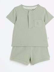 River Island Green Rib Baby Boys 100% Cotton T-Shirt and Shorts Set - Image 3 of 5