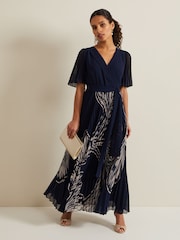 Phase Eight Black Petite Printed Abigail Pleat Midaxi Dress - Image 1 of 7