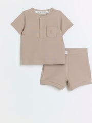 River Island Brown Rib Baby Boys 100% Cotton T-Shirt and Shorts Set - Image 1 of 4