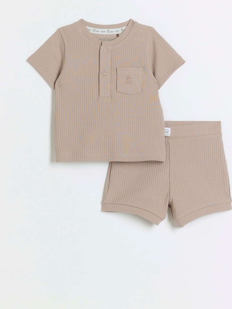 River Island Brown Rib Baby Boys 100% Cotton T-Shirt and Shorts Set - Image 1 of 4 River Island Brown Rib Baby Boys 100% Cotton T-Shirt and Shorts Set - Image 1 of 4