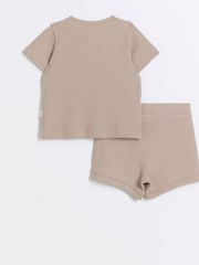 River Island Brown Rib Baby Boys 100% Cotton T-Shirt and Shorts Set - Image 2 of 4