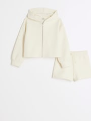 River Island Cream Girls Waffle 100% Cotton Hoodie and Shorts Set - Image 1 of 4
