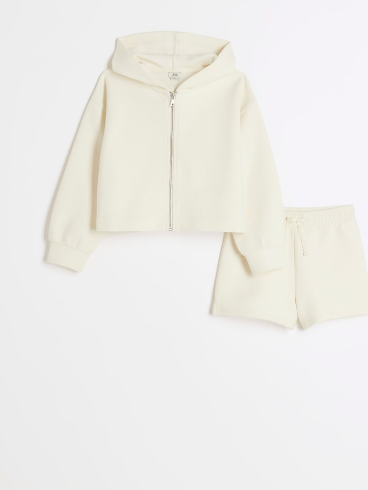 River Island Cream Girls Waffle 100% Cotton Hoodie and Shorts Set - Image 1 of 4