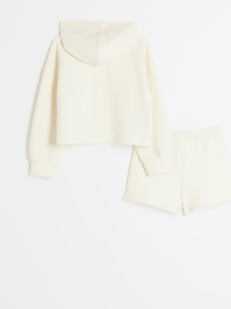 River Island Cream Girls Waffle 100% Cotton Hoodie and Shorts Set - Image 2 of 4