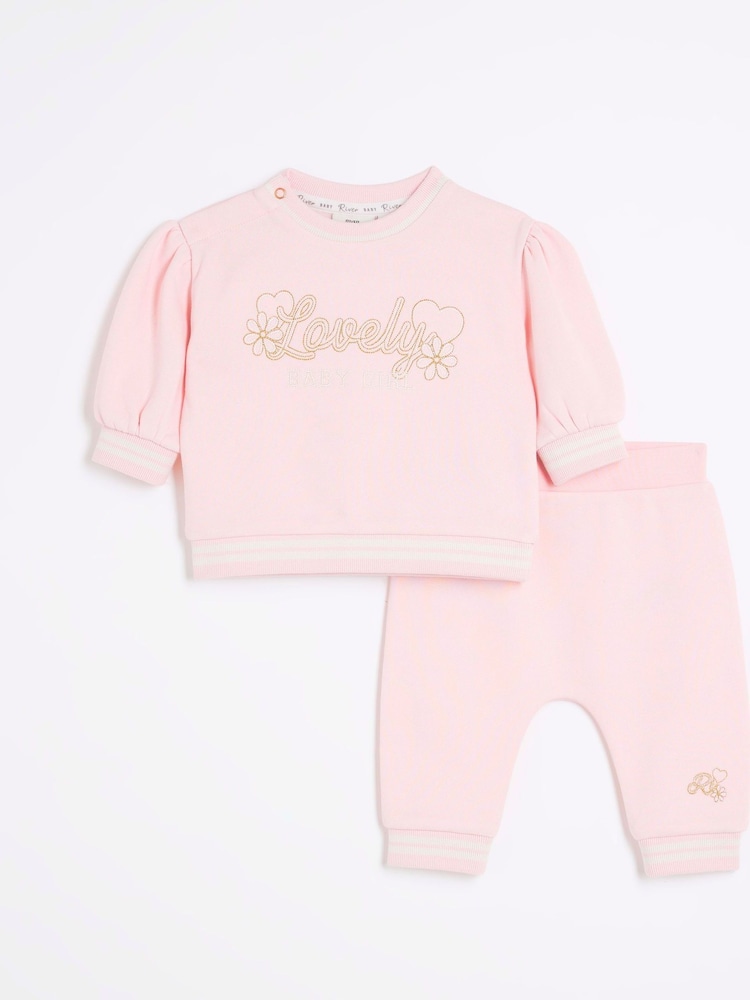 River Island Pink Baby Girls 100% Cotton Lovely Sweat Set - Image 1 of 3