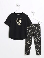 River Island Black Mini Girls Daisy Leggings Set - Image 2 of 4
