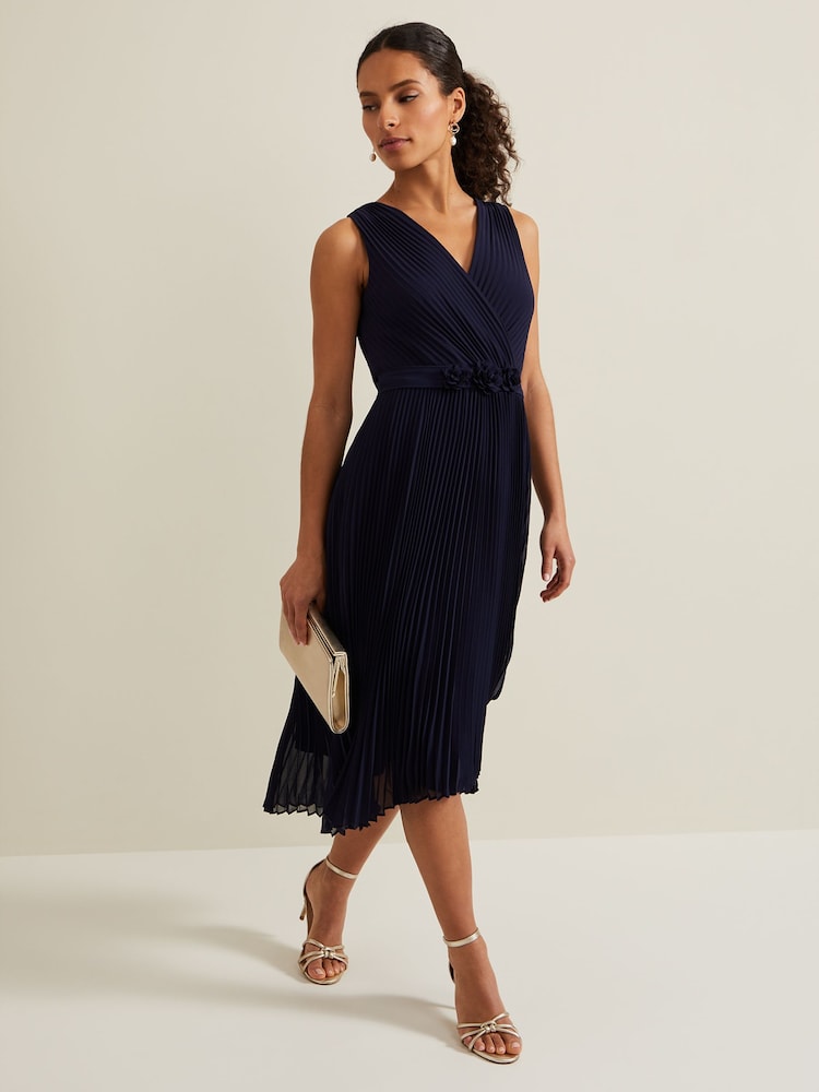Phase Eight Blue Petite Cressida Pleat Midi Dress - Image 2 of 6