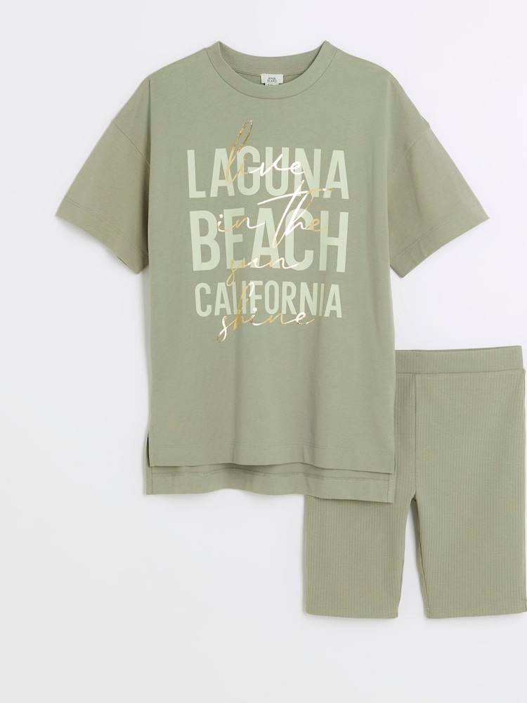 River Island Green Girls Laguna 100% Cottton T-Shirt And Cycling Shorts Set - Image 2 of 5 River Island Green Girls Laguna 100% Cottton T-Shirt And Cycling Shorts Set - Image 2 of 5