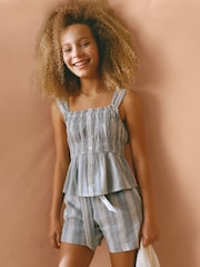 Abercrombie & Fitch Blue Stripe Linen Look Smocked Textured Cami Top - Image 1 of 3
