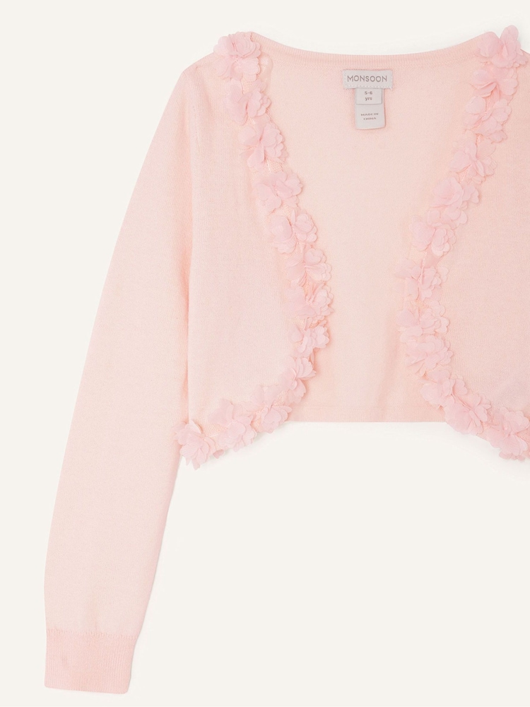 Monsoon Pink 3D Floral 100% Cotton Trim Cardigan - Image 3 of 3