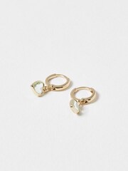 Oliver Bonas Green Valeria Heart Charm Huggie Drop Earrings - Image 2 of 4