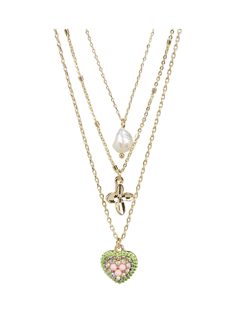 Oliver Bonas Gold Tone Stella Heart, Flower And Pearl Layered Pendant Necklace - Image 1 of 4 Oliver Bonas Gold Tone Stella Heart, Flower And Pearl Layered Pendant Necklace - Image 1 of 4