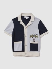 Reiss Blue Multi Ata 13-14 yrs Knitted Colourblock Cuban Collar Shirt - Image 1 of 4