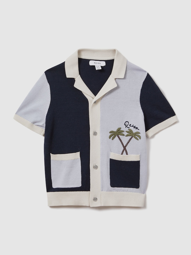 Reiss Blue Multi Ata 13-14 yrs Knitted Colourblock Cuban Collar Shirt - Image 1 of 4