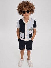 Reiss Blue Multi Ata 13-14 yrs Knitted Colourblock Cuban Collar Shirt - Image 2 of 4