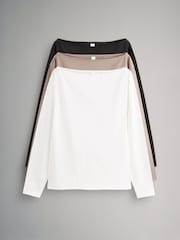 The Set Black/Nude/White 3 Pack Bardot Long Sleeve Tops - Image 1 of 11