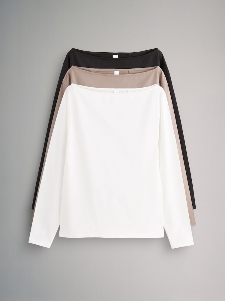 The Set Black/Nude/White 3 Pack Bardot Long Sleeve Tops - Image 1 of 11