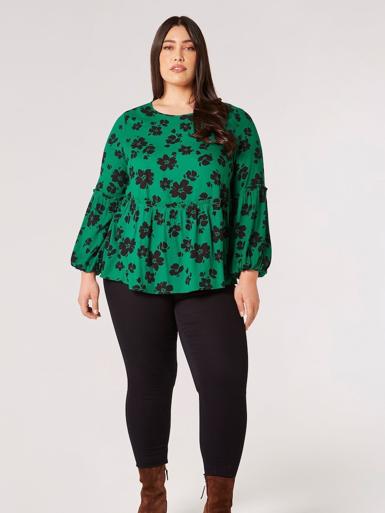 Apricot Green Mono Brushed Floral Babydoll Top - Image 1 of 4