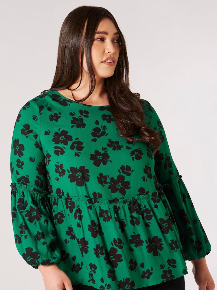 Apricot Green Mono Brushed Floral Babydoll Top - Image 2 of 4
