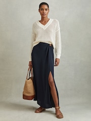 Reiss Navy Esme Gathered Side Midi Skirt - Image 1 of 6