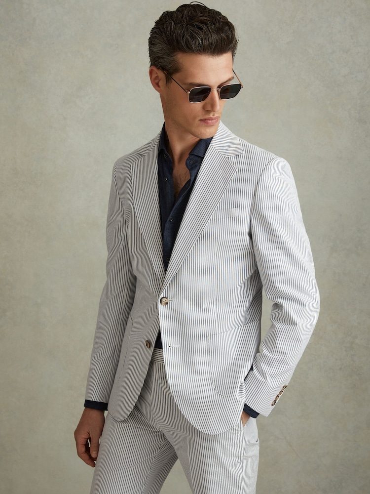 Reiss Soft Blue/White Barr Cotton Seersucker Single Breasted Slim Fit Blazer - Image 1 of 7