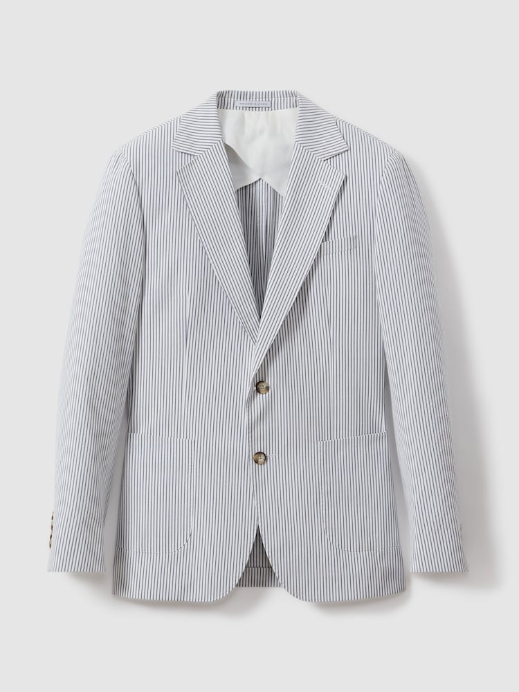 Reiss Soft Blue/White Barr Cotton Seersucker Single Breasted Slim Fit Blazer - Image 2 of 7