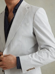 Reiss Soft Blue/White Barr Cotton Seersucker Single Breasted Slim Fit Blazer - Image 4 of 7