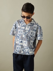 Reiss Airforce Blue Basin 3-9 yrs Cotton Blend Collage Cuban Collar Shirt - Image 1 of 4