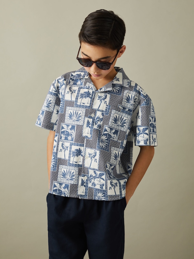 Reiss Airforce Blue Basin 3-9 yrs Cotton Blend Collage Cuban Collar Shirt - Image 1 of 4