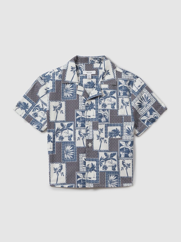 Reiss Airforce Blue Basin 3-9 yrs Cotton Blend Collage Cuban Collar Shirt - Image 2 of 4 Reiss Airforce Blue Basin 3-9 yrs Cotton Blend Collage Cuban Collar Shirt - Image 2 of 4