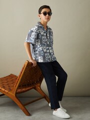 Reiss Airforce Blue Basin 3-9 yrs Cotton Blend Collage Cuban Collar Shirt - Image 3 of 4