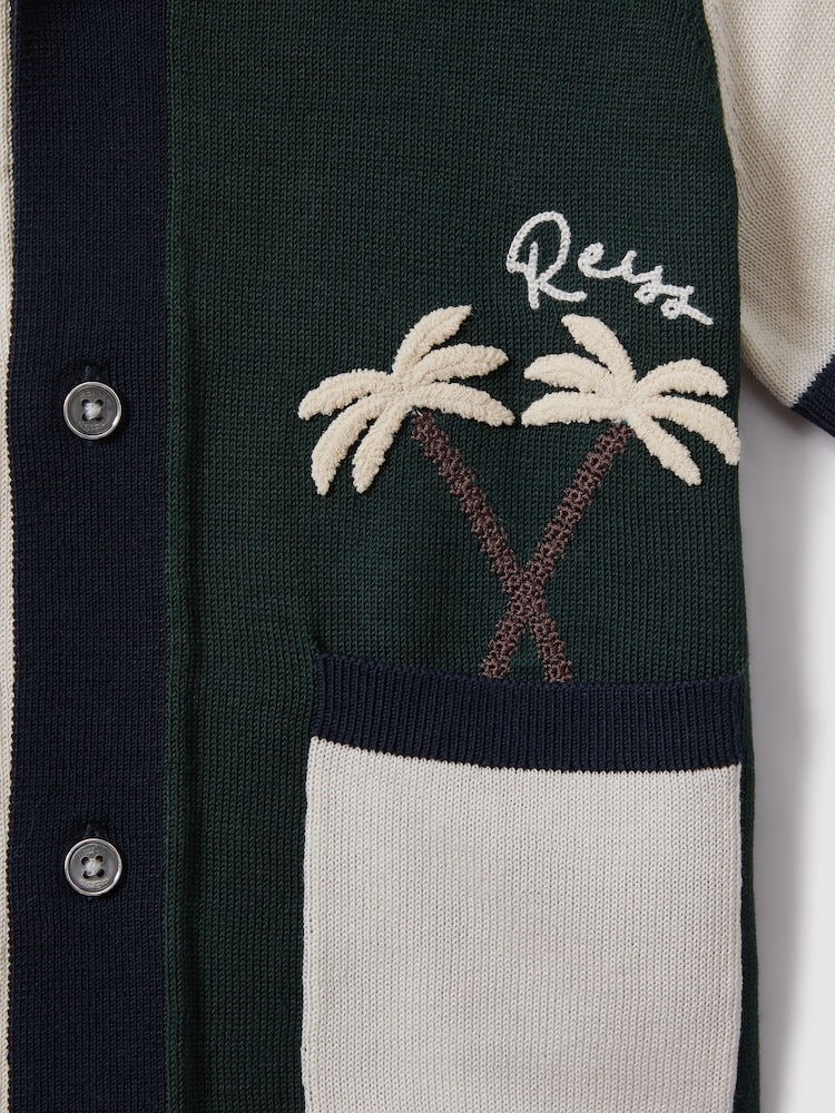 Reiss Green Multi Ata 13-14 yrs Knitted Colourblock Cuban Collar Shirt - Image 4 of 4