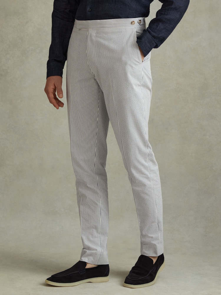 Reiss Soft Blue/White Barr Cotton Seersucker Adjuster Slim Fit Trousers - Image 1 of 5