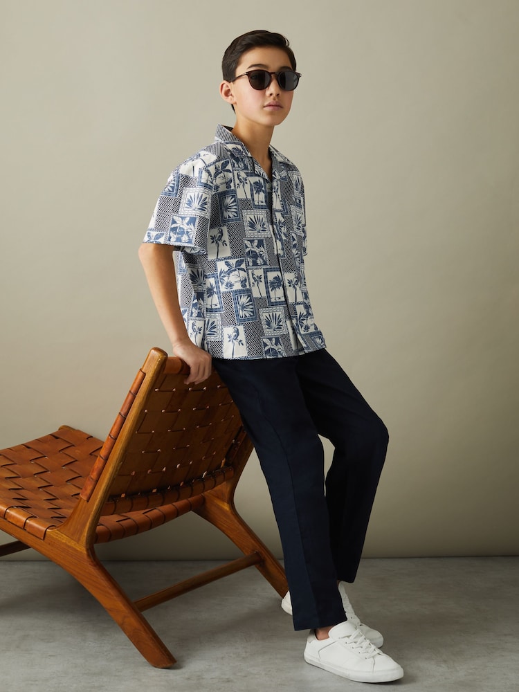 Reiss Airforce Blue Basin 9-13 yrs Cotton Blend Collage Cuban Collar Shirt - Image 1 of 4