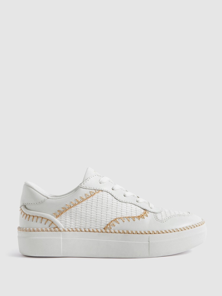 Reiss White Lottie Leather Raffia Trainers - Image 1 of 5