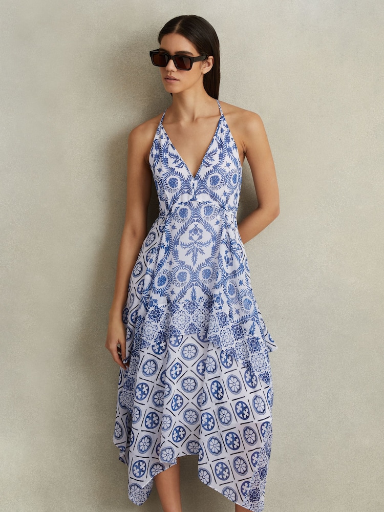 Reiss Blue Tiller Side Pleat Asymmetric Midi Dress - Image 1 of 4
