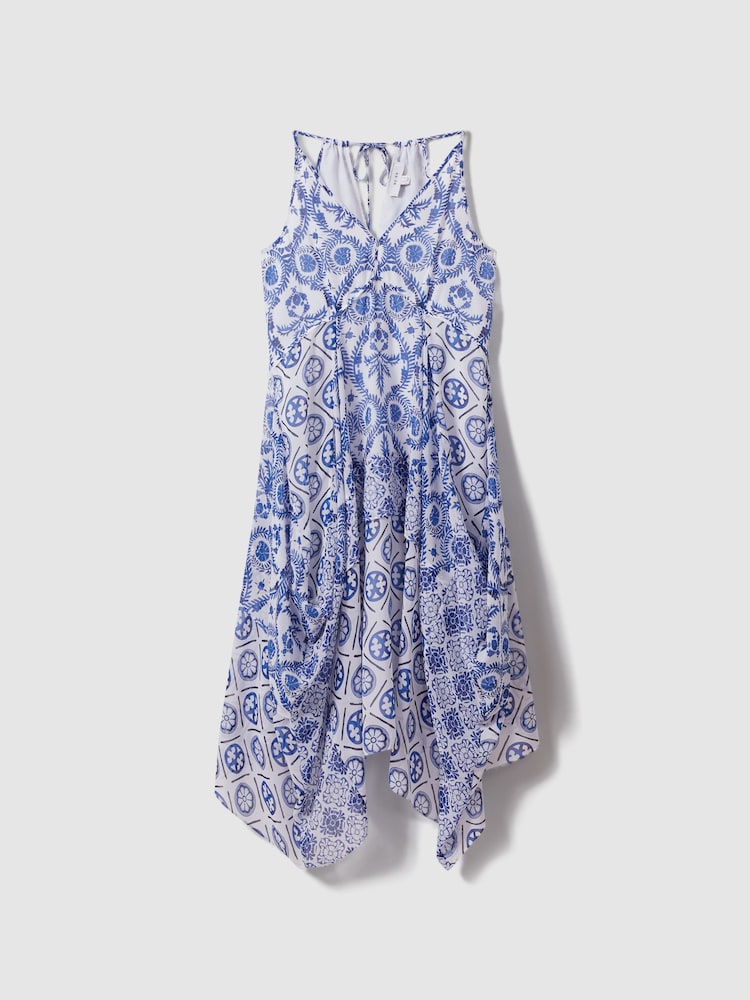 Reiss Blue Tiller Side Pleat Asymmetric Midi Dress - Image 2 of 4