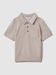 Reiss Oatmeal Melange Demetri 13-14 yrs Textured Cotton Polo Shirt - Image 1 of 4