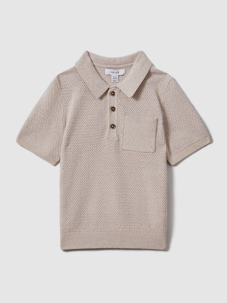 Reiss Oatmeal Melange Demetri 13-14 yrs Textured Cotton Polo Shirt - Image 1 of 4