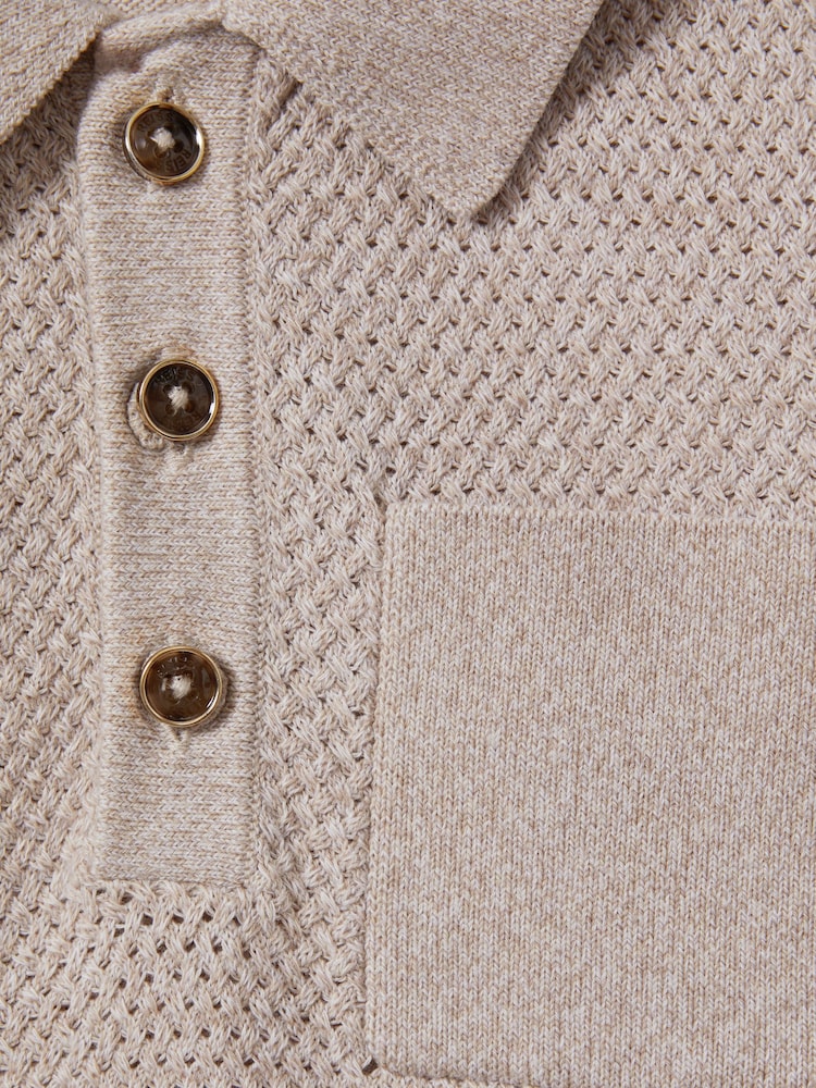 Reiss Oatmeal Melange Demetri 13-14 yrs Textured Cotton Polo Shirt - Image 4 of 4